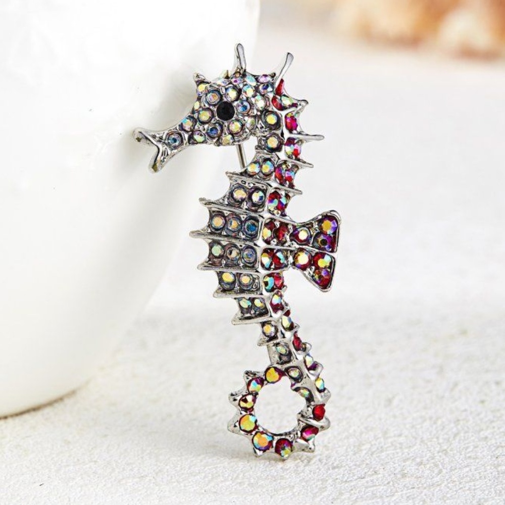 AB & Red Rhinestone Seahorse Brooch NWT-